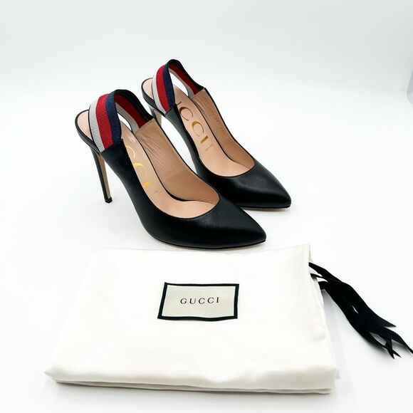 Gucci Sylvie Pumps Web Stripe Black Leather Slingback Heels Size 38.5 8.5 - Picture 1 of 15